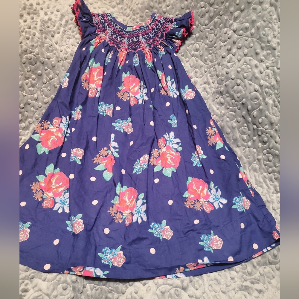 Smocked Blessings Toddler Girl Blue Dress with Punk Floral Bouquets